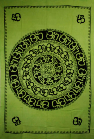 Green Om Shanti Mandala Art Handloom Style Tapestry Silver Hestia