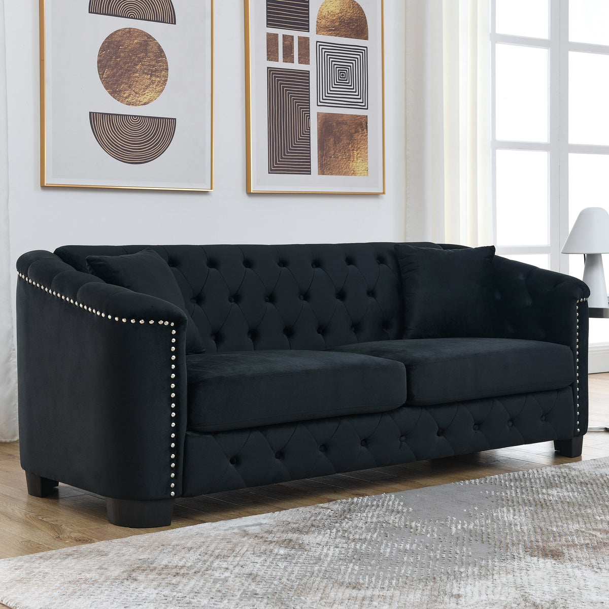 77-Inch Modern Chesterfield Velvet Sofa, 3-Seater Sofa, Upholstered