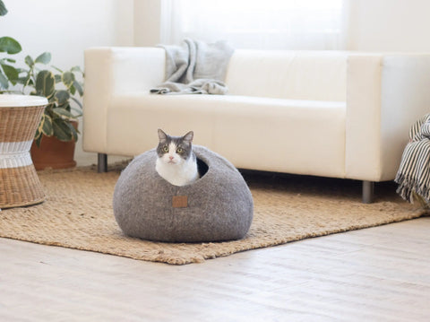 Premium Felted Wool Cat Cave Bed - Cozy Peekaboo Round Cave for Large Beige Tethys