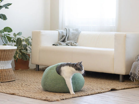 Premium Felted Wool Cat Cave Bed - Cozy Peekaboo Round Cave for Large Beige Tethys