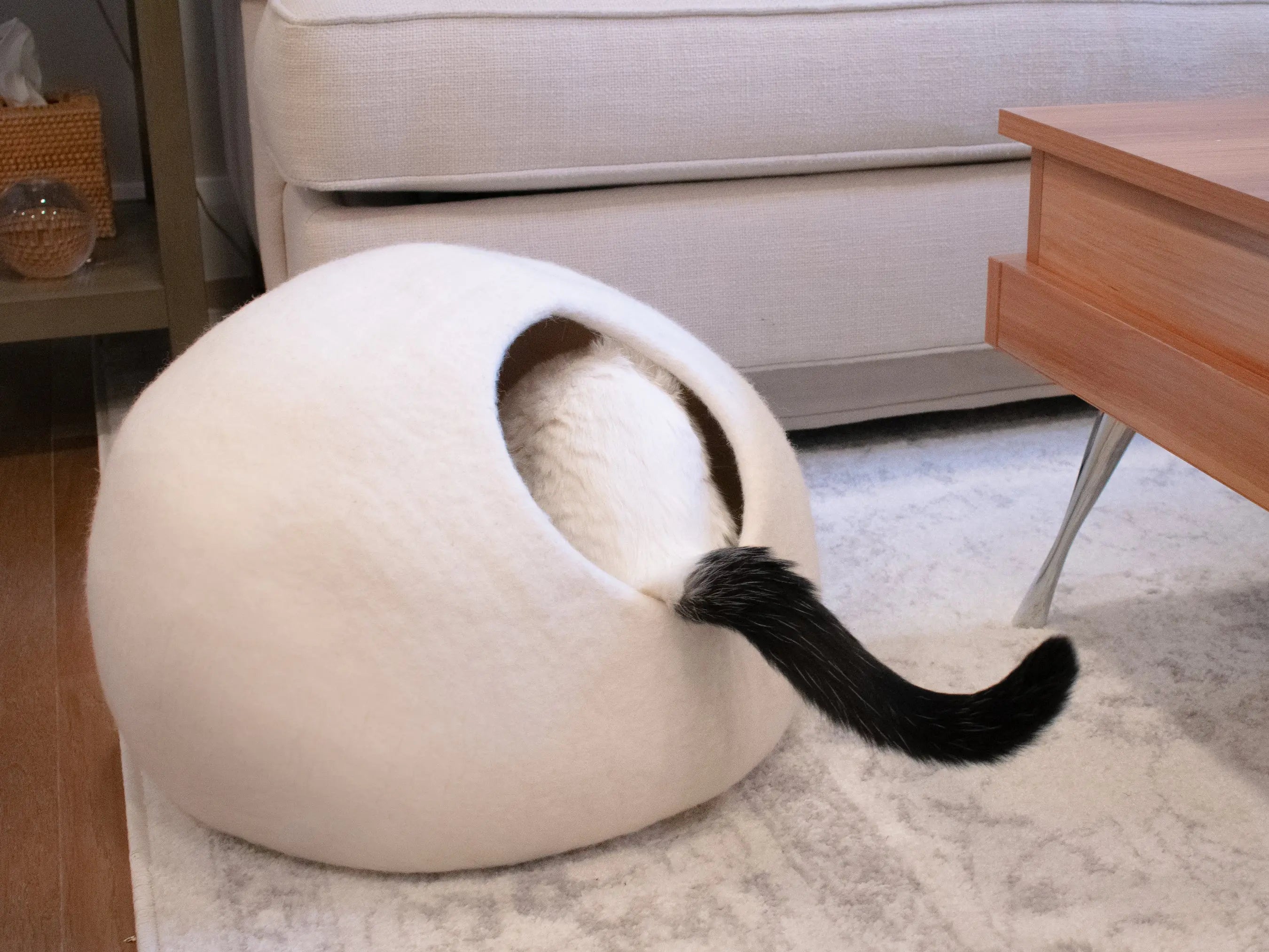 Premium Felted Wool Cat Cave Bed - Cozy Peekaboo Round Cave for Large Beige Tethys