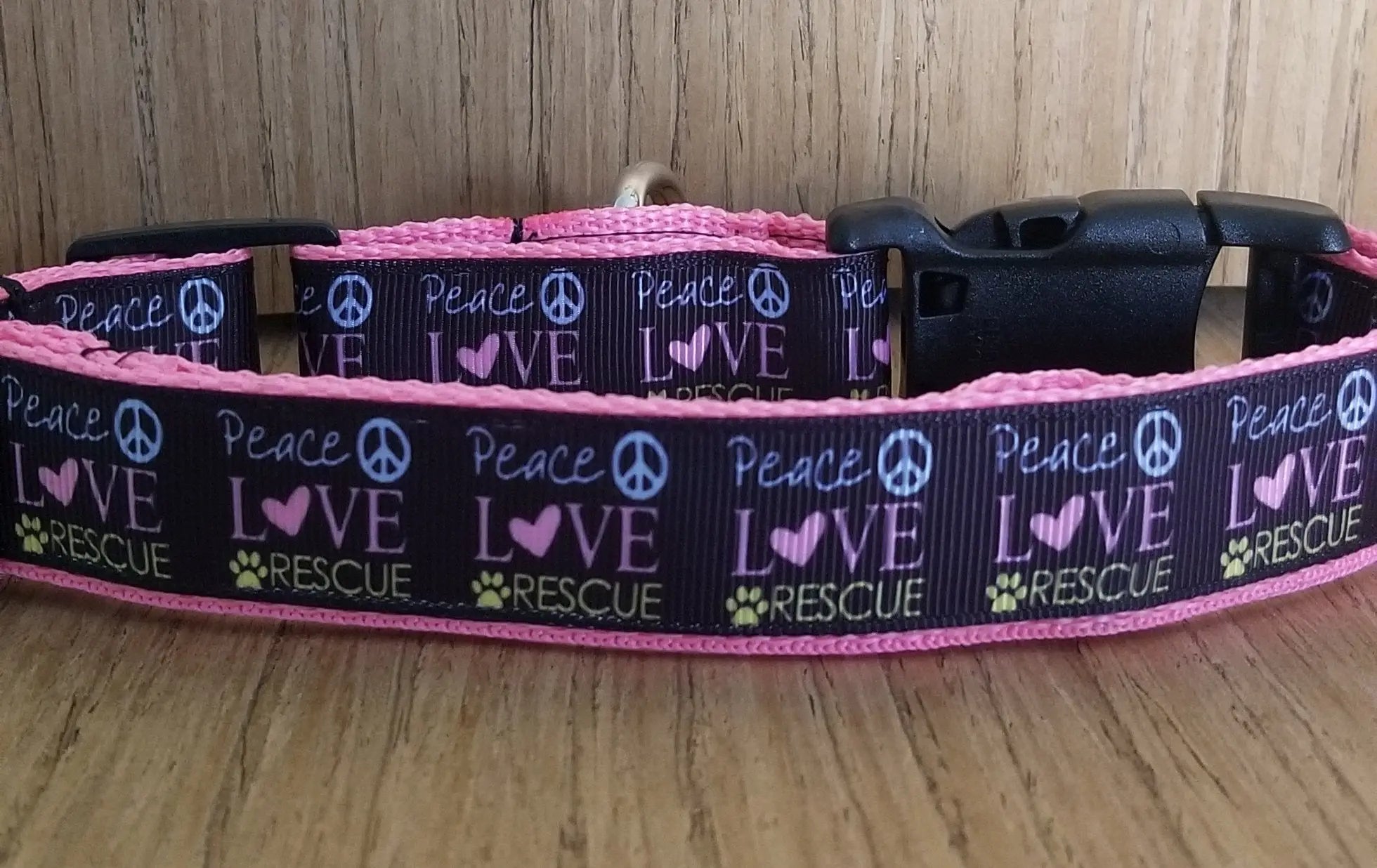 Collar/ Large/ Medium/ Peace Love and Rescue Pink Green Thalassa