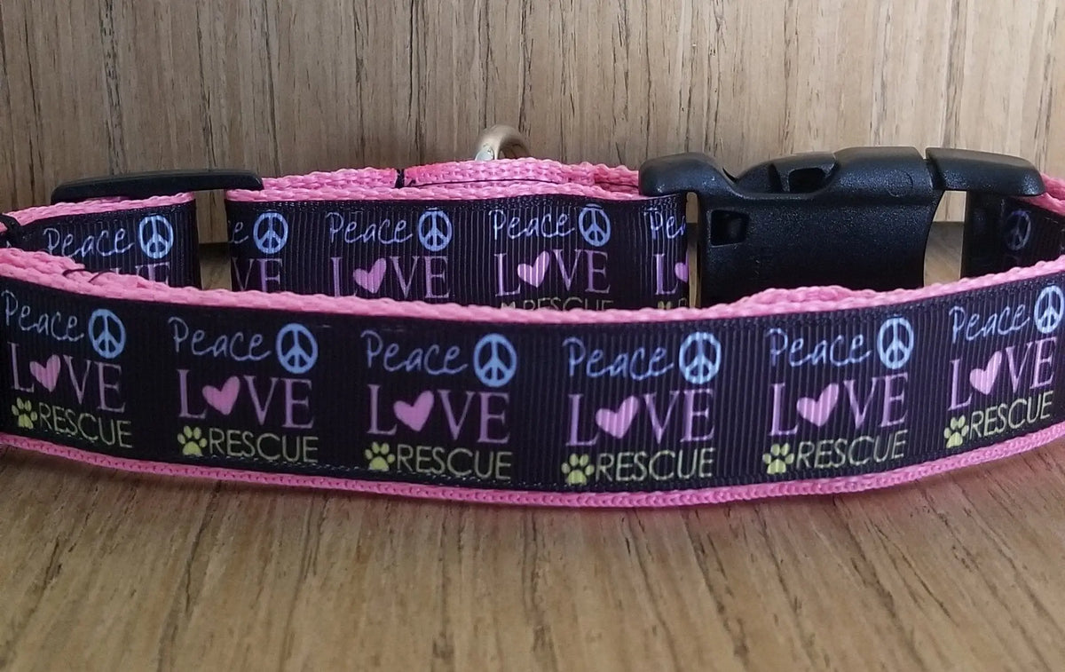 Collar/ Large/ Medium/ Peace Love and Rescue Pink Green Thalassa