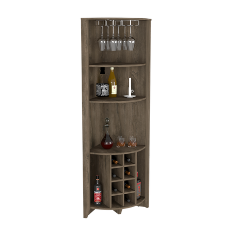 Corner Bar Cabinet  Castle, Three Shelves, Eight Wine Cubbies, Dark