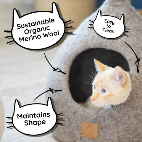 Deluxe Handcrafted Felt Cat Cave With Tail - Spacious & Stylish Beige Tethys