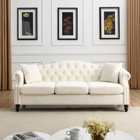 79" Chesterfield Sofa Beige Velvet for Living Room, 3 Seater Sofa