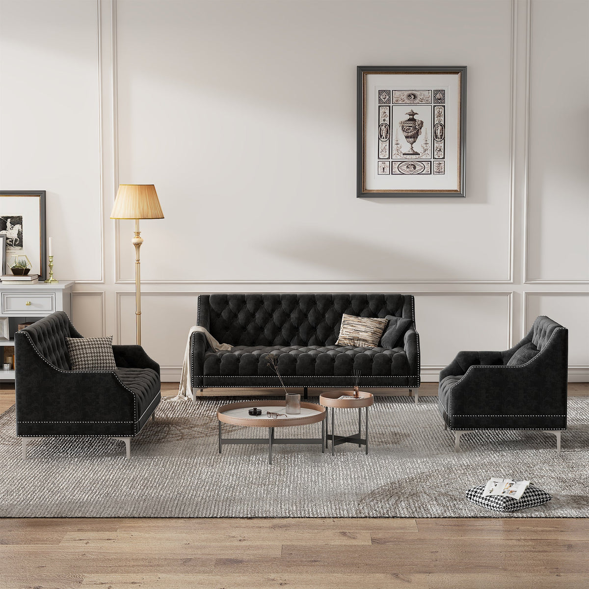 Modern three-piece sofa set with metal legs, buttoned tufted backrest,