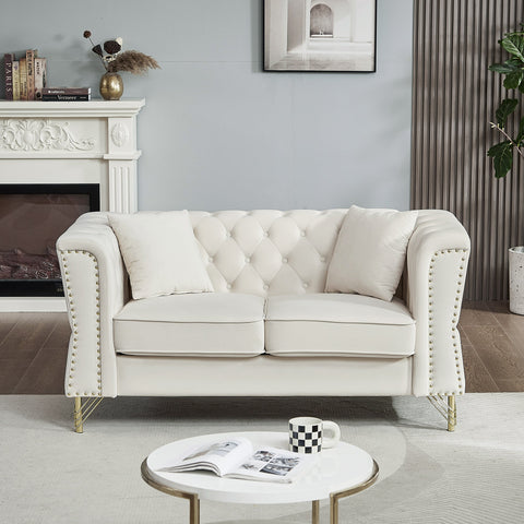 60.2" Chesterfield Sofa Beige Velvet for Living Room, 2 Seater Sofa
