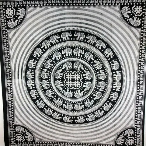 Black & White Elephant Mandala With Self Design Tapestry Silver Hestia