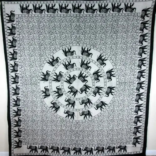 Black & White Festival Elephant Mandala Tapestry Silver Hestia