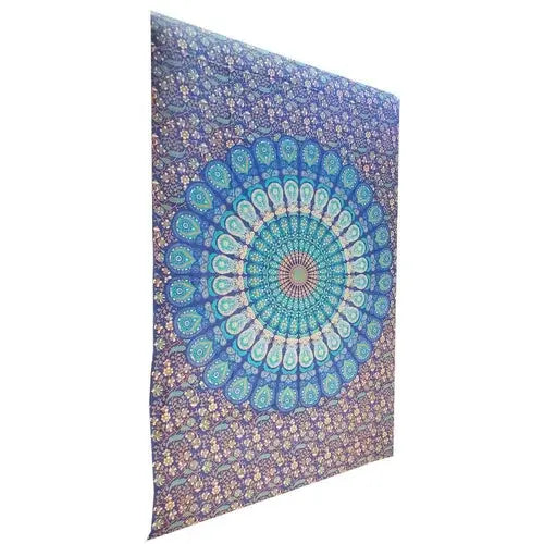 Blue Henna Art Peacock Mandala Tapestry Silver Hestia