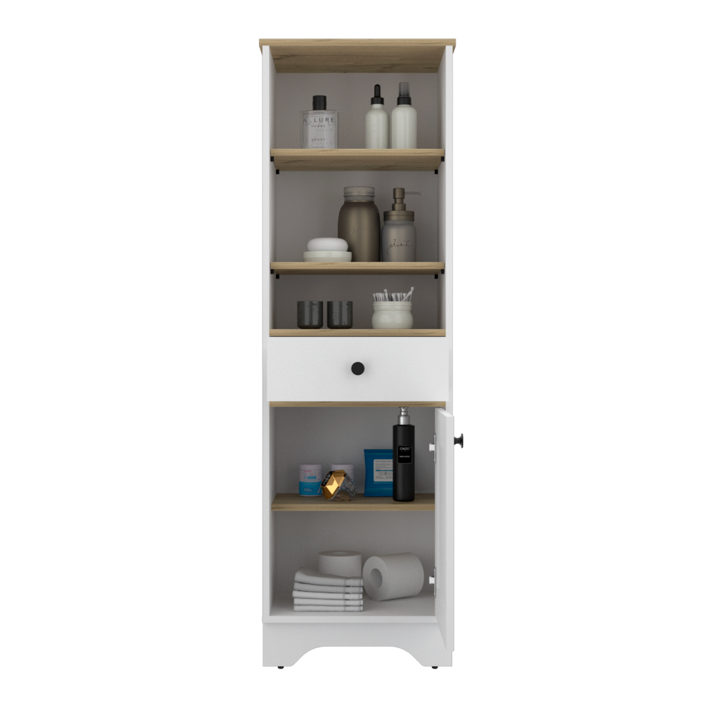 Linen Cabinet Burnedt, Multiple Shelves, Light Oak / White Finish
