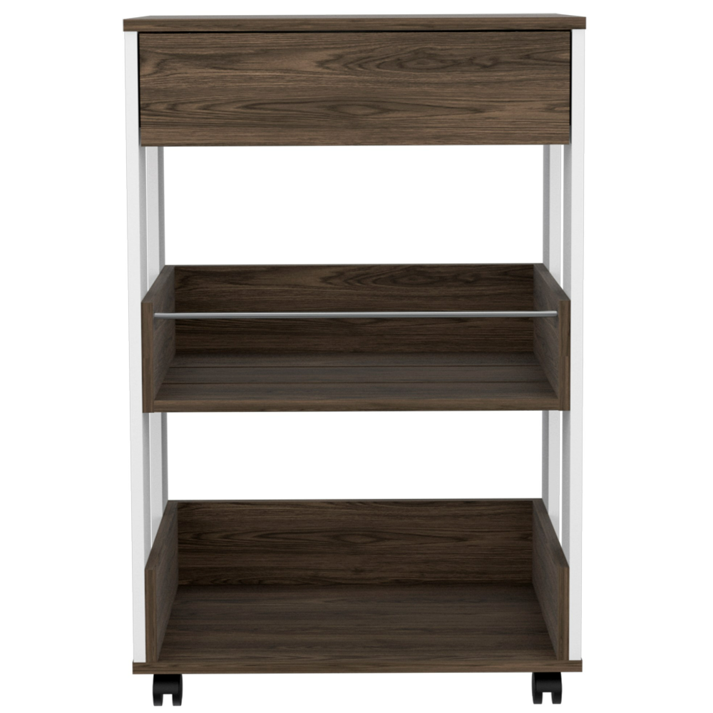Kitchen Cart Coron with Drawer, Three-Tier Shelves and Casters, White