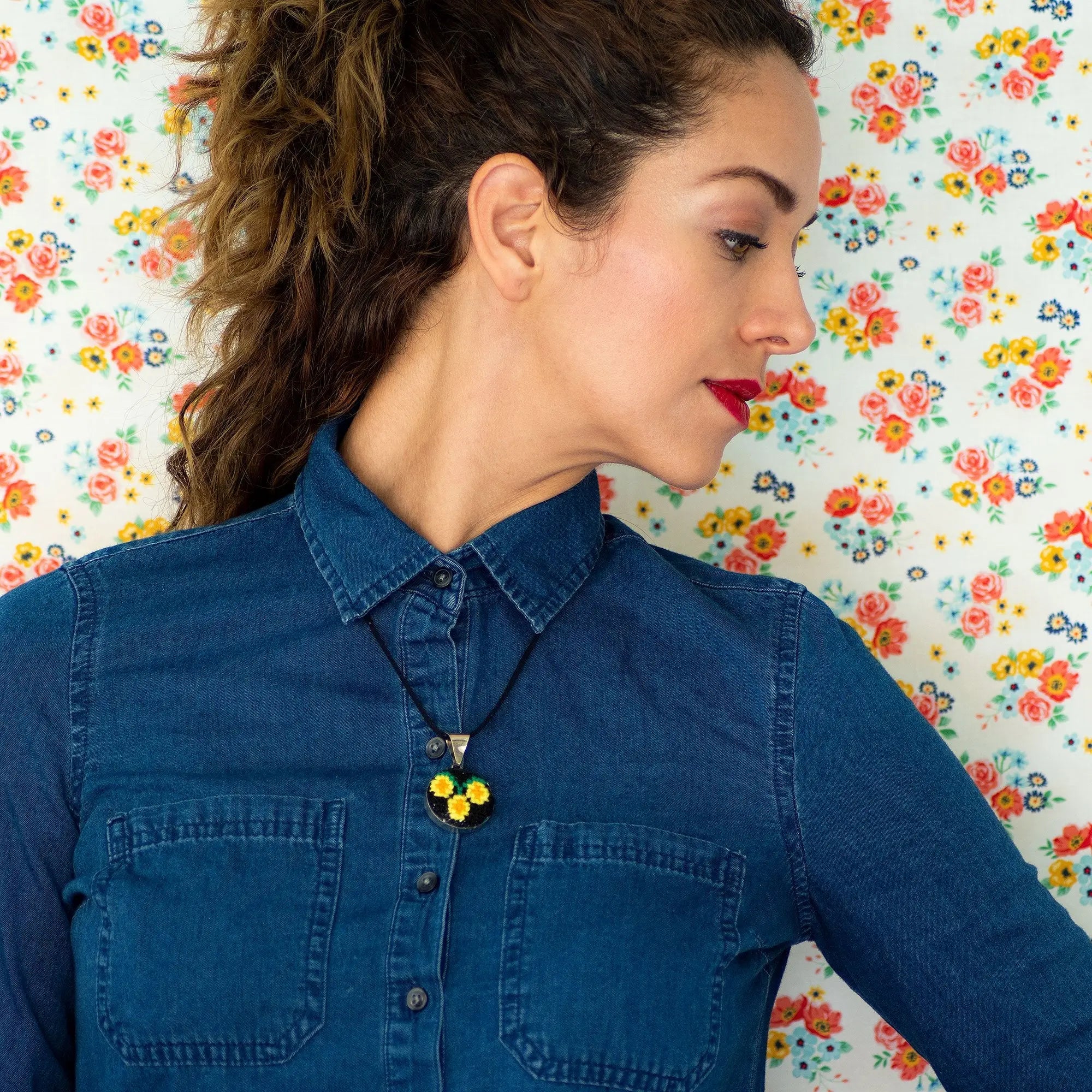 Pendant with Hand Embroidered Yellow Flowers. Violet Athena