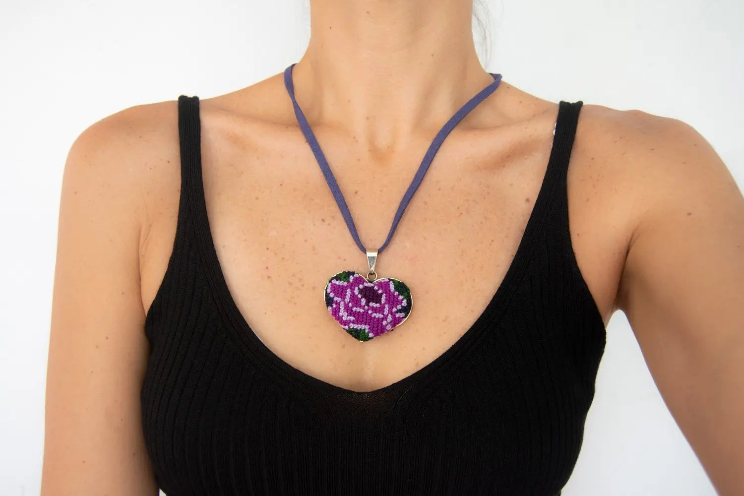 Ocosingo Heart Embroidered Necklace. Violet Athena