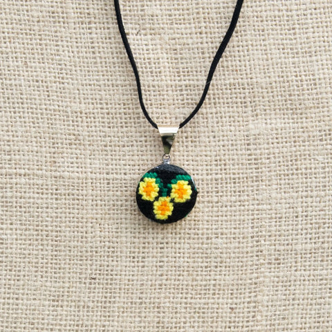 Pendant with Hand Embroidered Yellow Flowers. Violet Athena