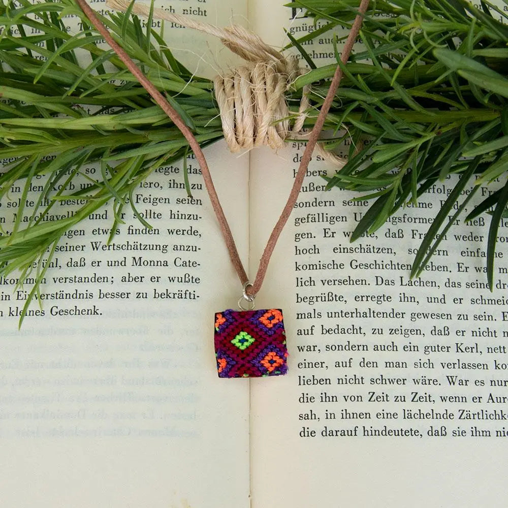 Mini Square Textile Necklace. Violet Athena