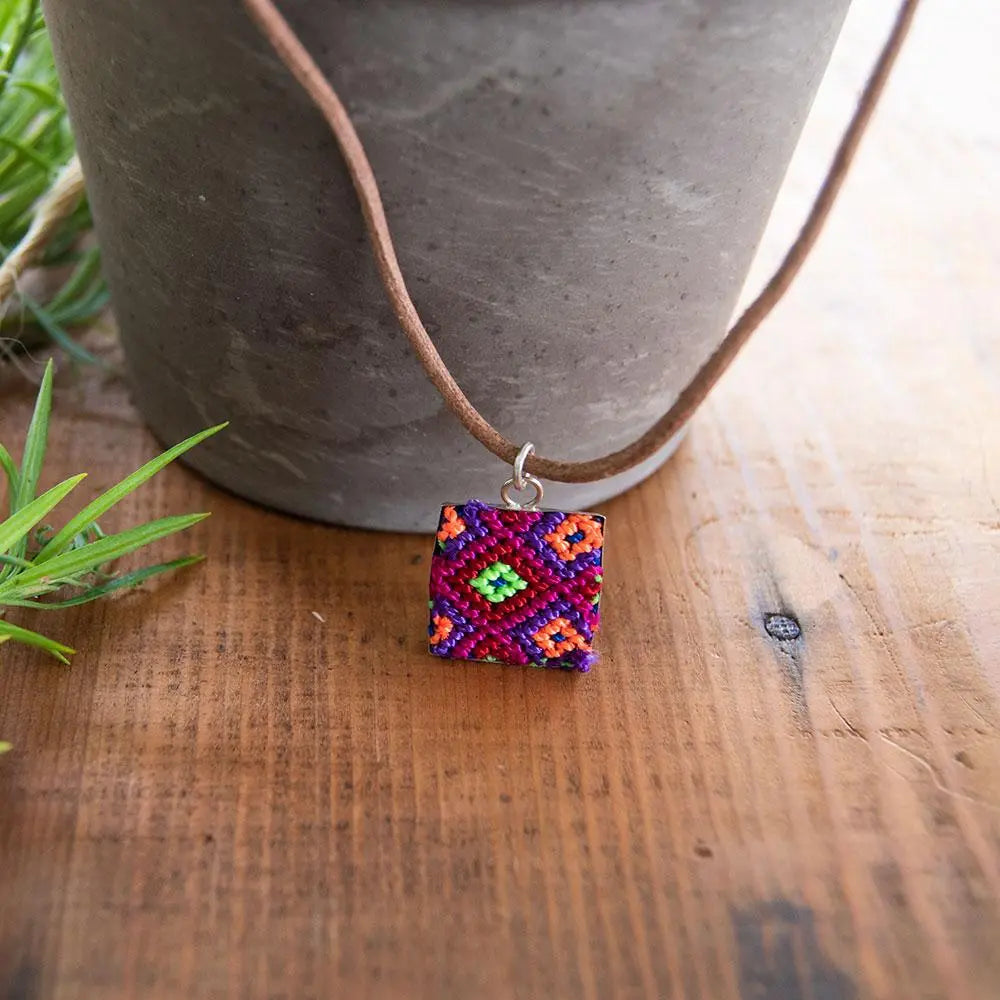 Mini Square Textile Necklace. Violet Athena