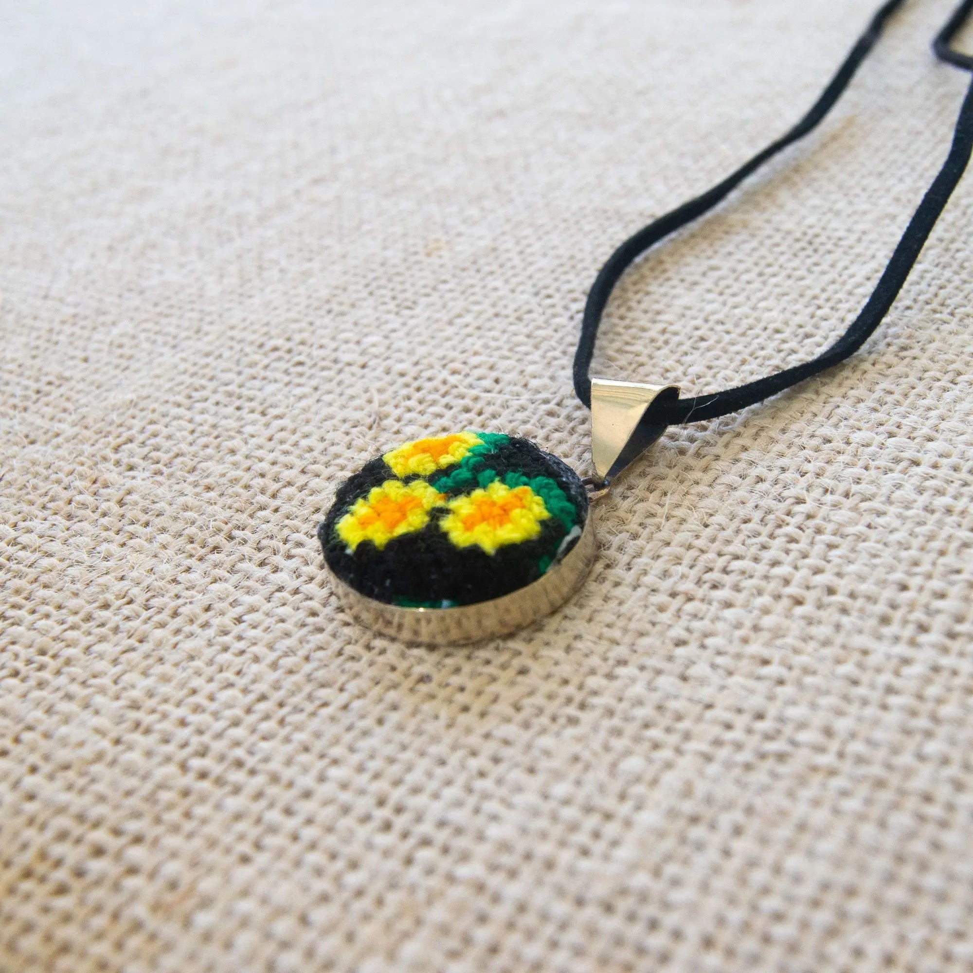 Pendant with Hand Embroidered Yellow Flowers. Violet Athena