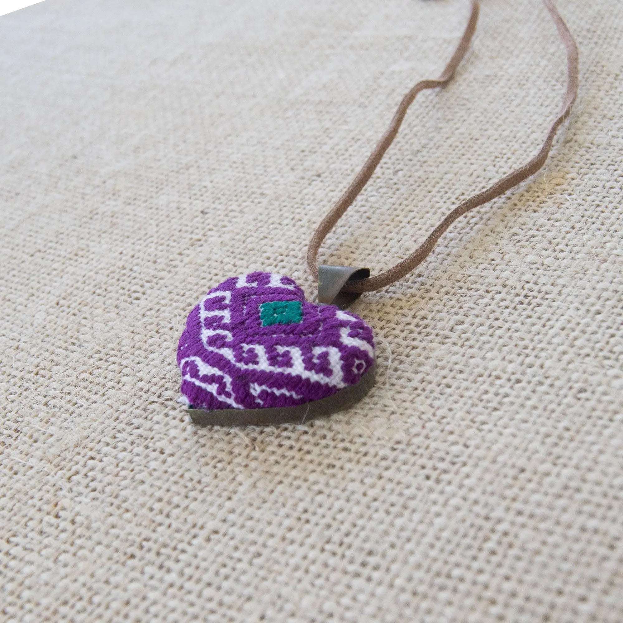 San Andres Heart Textile Necklace. Violet Athena