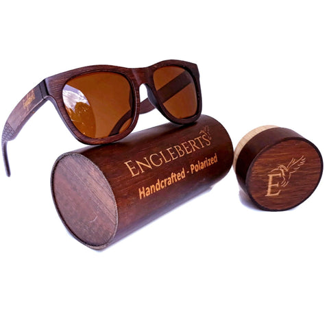 Crimson Wooden Sunglasses With Bamboo Case, Tea Polarized Lenses,
