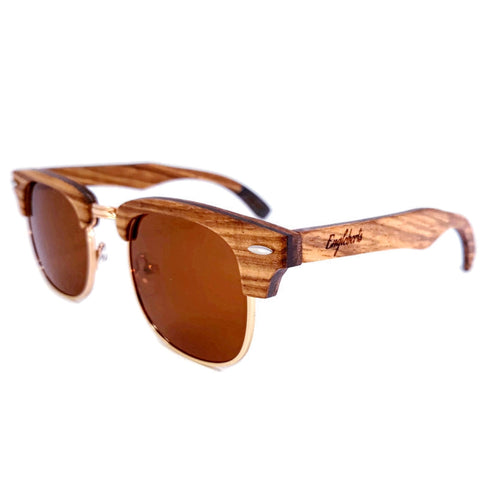 Full Wood, Half Rim Wooden Sunglasses With Bamboo Case, Tea Colored