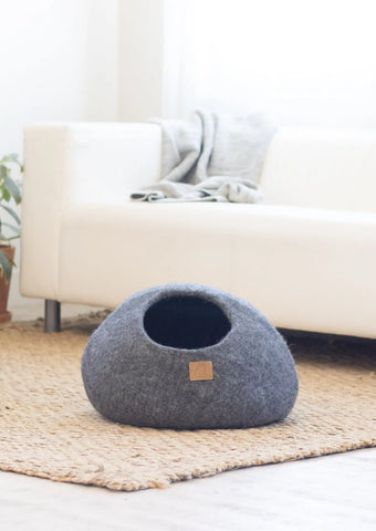 Premium Felted Wool Cat Cave Bed - Cozy Peekaboo Round Cave for Large Beige Tethys