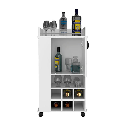 Bar Cart with Casters Reese, Six Wine Cubbies and Single Door, White
