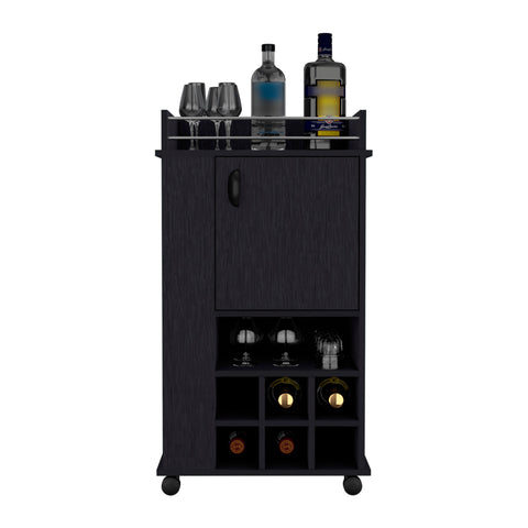 Bar Cart with Casters Reese, Six Wine Cubbies and Single Door, Black