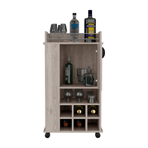 Bar Cart with Casters Reese, Six Wine Cubbies and Single Door, Light