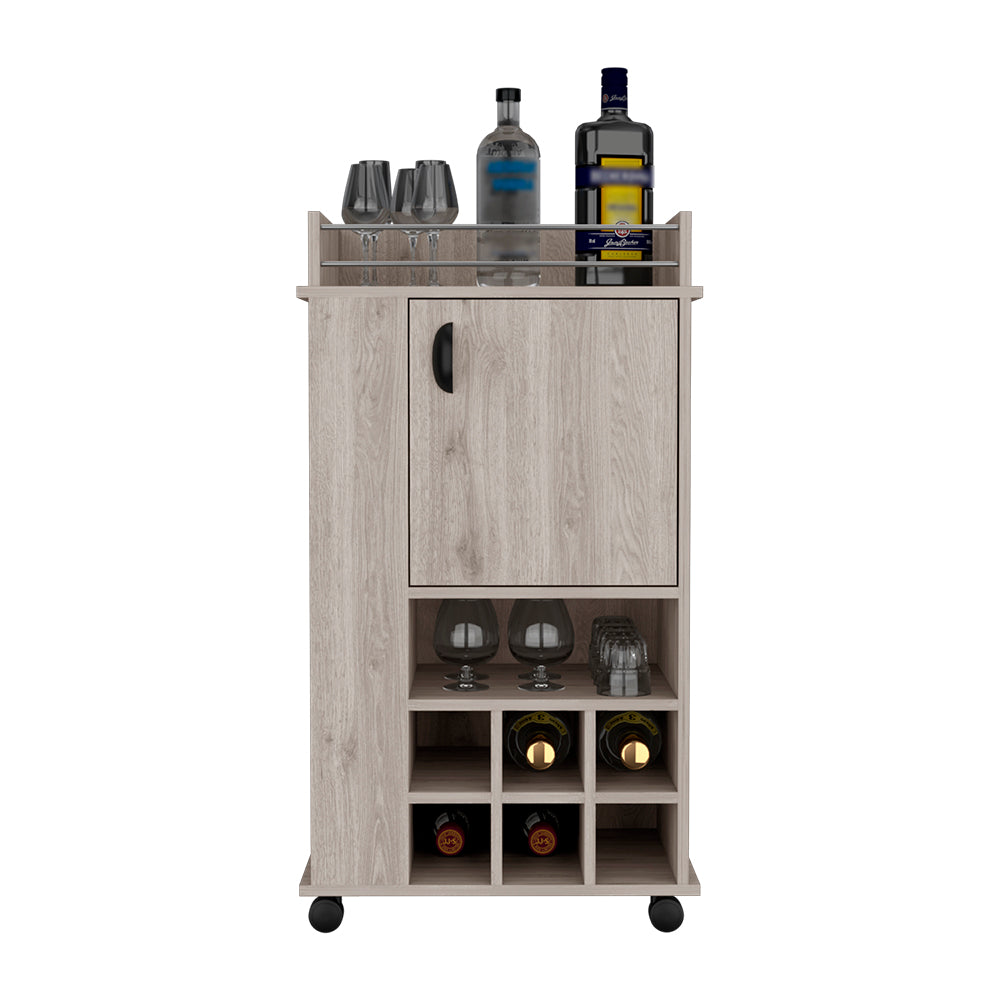 Bar Cart with Casters Reese, Six Wine Cubbies and Single Door, Light