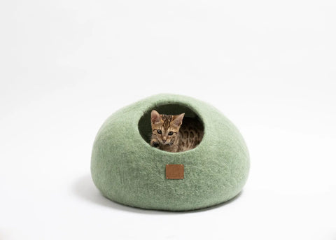 Premium Felted Wool Cat Cave Bed - Cozy Peekaboo Round Cave for Large Beige Tethys