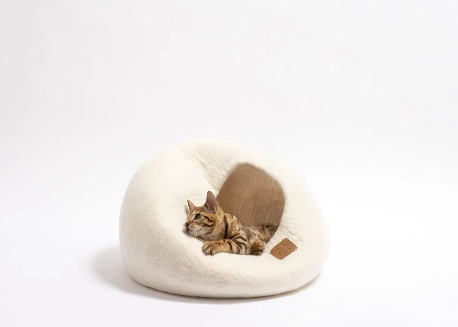 Premium Felted Wool Cat Cave Bed - Cozy Peekaboo Round Cave for Large Beige Tethys