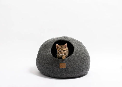 Premium Felted Wool Cat Cave Bed - Cozy Peekaboo Round Cave for Large Beige Tethys