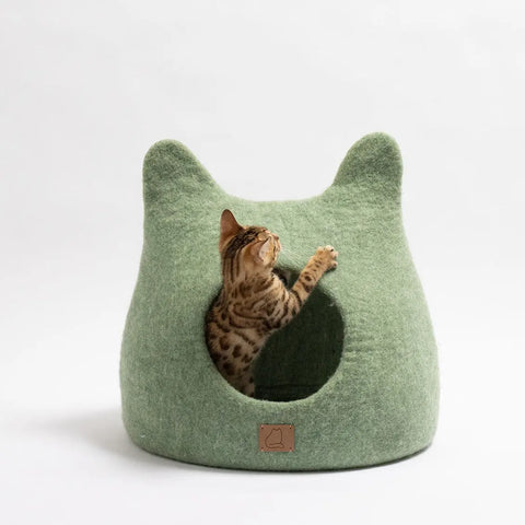 Whimsical Cat Ear Cave Bed - Felted Wool Hideout for Playful Kitties - Beige Tethys