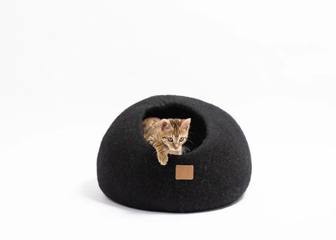 Premium Felted Wool Cat Cave Bed - Cozy Peekaboo Round Cave for Large Beige Tethys