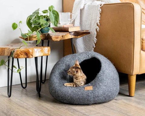 Premium Felted Wool Cat Cave Bed - Cozy Peekaboo Round Cave for Large Beige Tethys