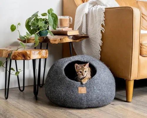 Premium Felted Wool Cat Cave Bed - Cozy Peekaboo Round Cave for Large Beige Tethys