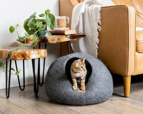 Premium Felted Wool Cat Cave Bed - Cozy Peekaboo Round Cave for Large Beige Tethys