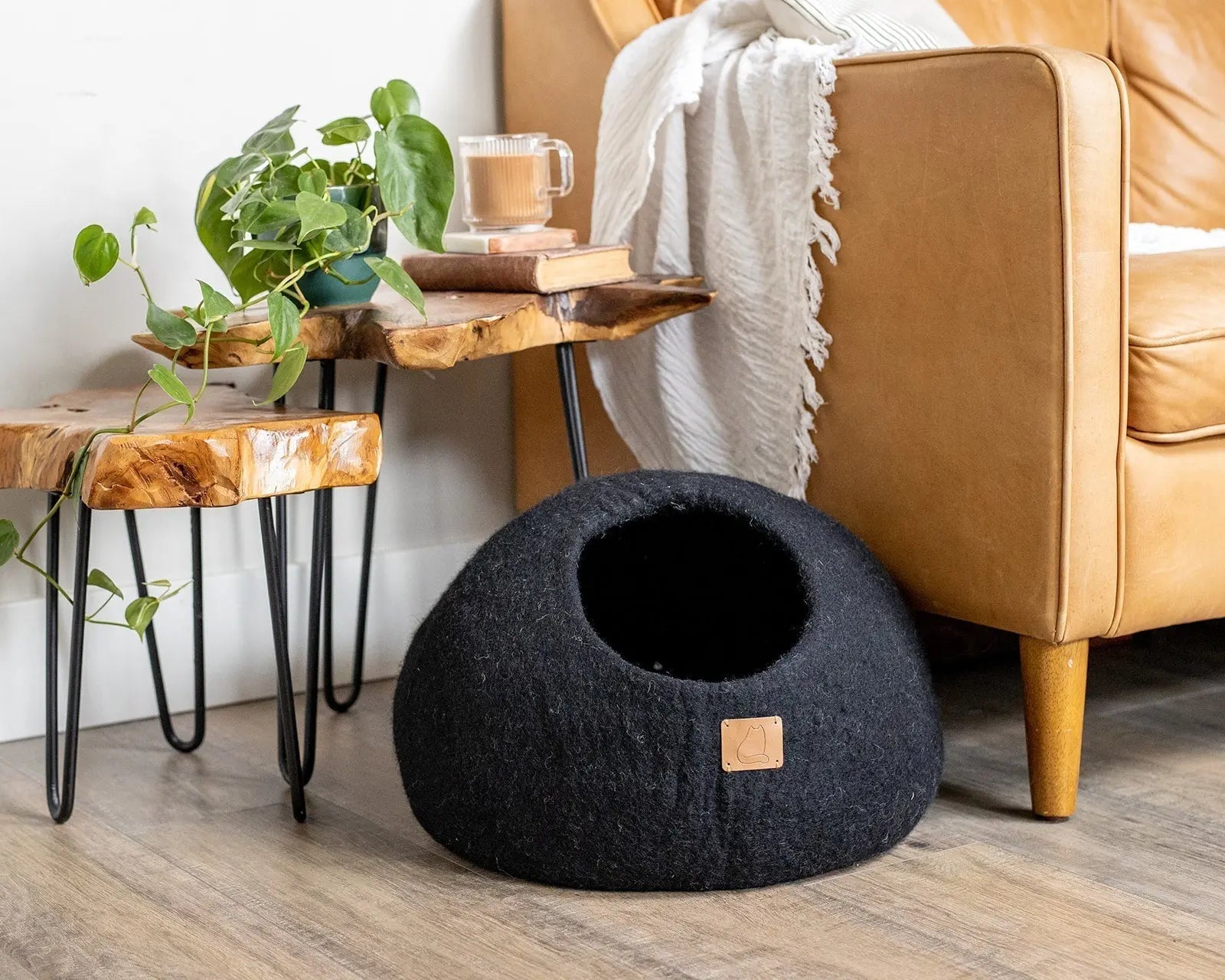 Premium Felted Wool Cat Cave Bed - Cozy Peekaboo Round Cave for Large Beige Tethys