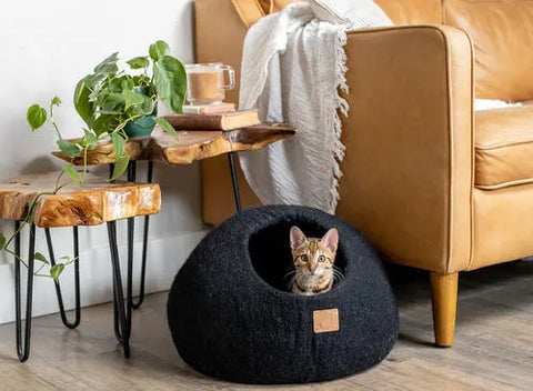 Premium Felted Wool Cat Cave Bed - Cozy Peekaboo Round Cave for Large Beige Tethys