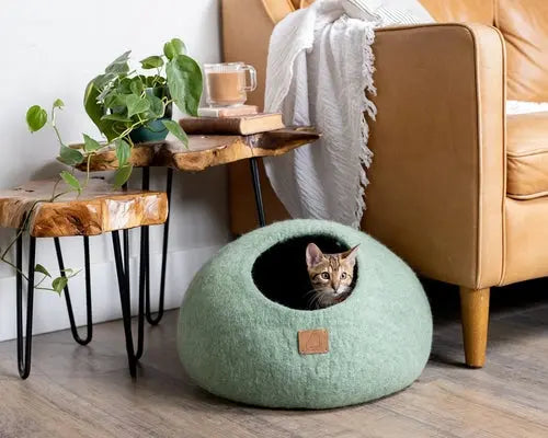 Premium Felted Wool Cat Cave Bed - Cozy Peekaboo Round Cave for Large Beige Tethys