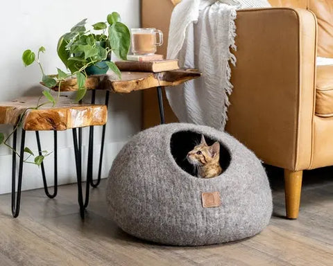 Premium Felted Wool Cat Cave Bed - Cozy Peekaboo Round Cave for Large Beige Tethys