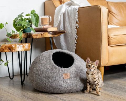 Premium Felted Wool Cat Cave Bed - Cozy Peekaboo Round Cave for Large Beige Tethys