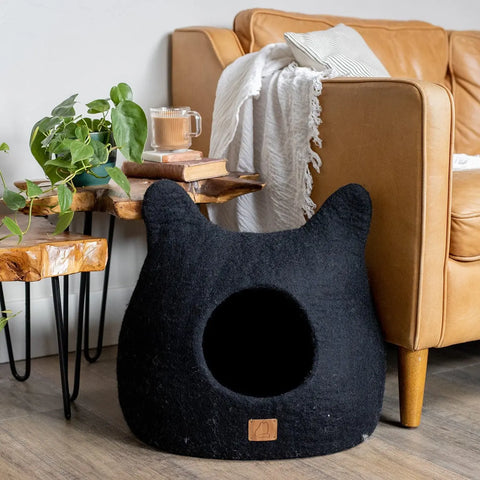 Whimsical Cat Ear Cave Bed - Felted Wool Hideout for Playful Kitties - Beige Tethys