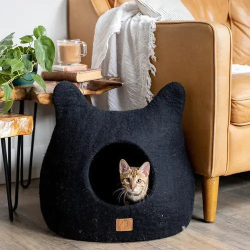 Whimsical Cat Ear Cave Bed - Felted Wool Hideout for Playful Kitties - Beige Tethys