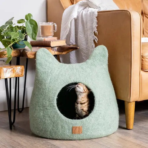 Whimsical Cat Ear Cave Bed - Felted Wool Hideout for Playful Kitties - Beige Tethys