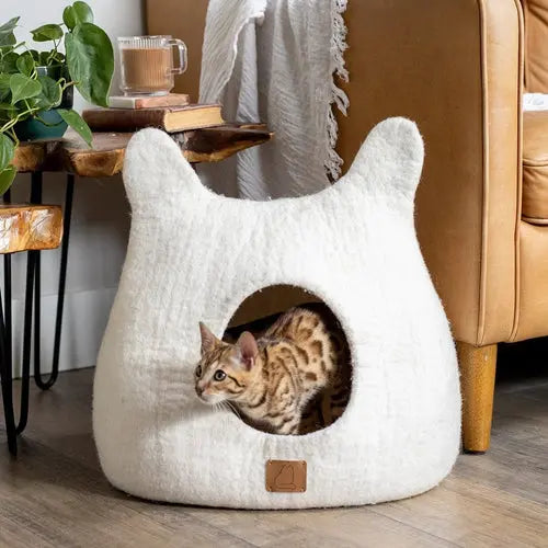 Whimsical Cat Ear Cave Bed - Felted Wool Hideout for Playful Kitties - Beige Tethys