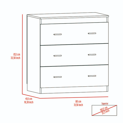Three Drawer Dresser Whysk, Superior Top, Handles, White Finish