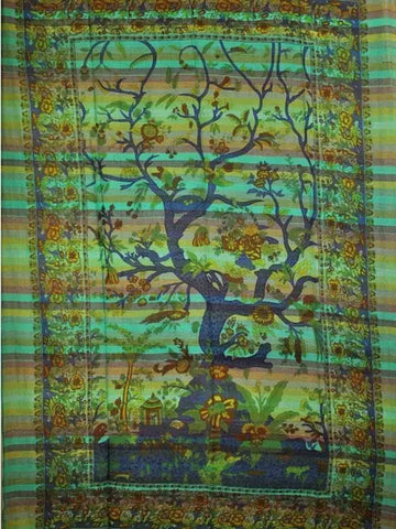 Green Tree of Life Birds Art in Hand-loom Tapestry Silver Hestia